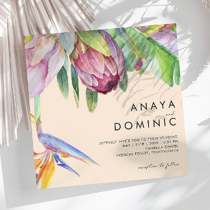 Colorful Tropical Floral Peach Square Wedding Invitation
