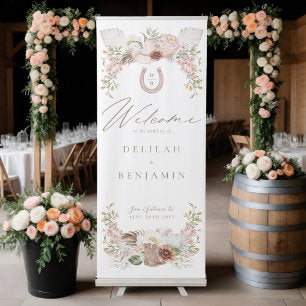 Country Western Boho Floral Cowboy Wedding Welcome Retractable Banner