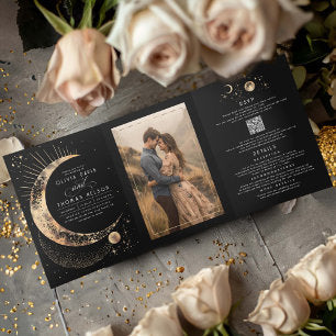 Crescent Moon Sun Halo Celestial Wedding Photo Tri-Fold Invitation