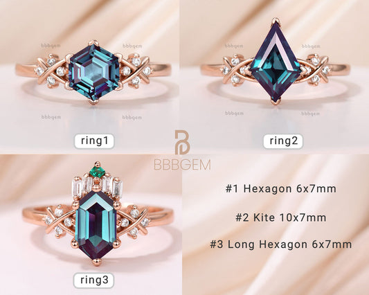 14K Rose Gold Kite Cut Alexandrite Engagement Ring Set Cluster Crossover Diamond Alexandrite Kite Ring
