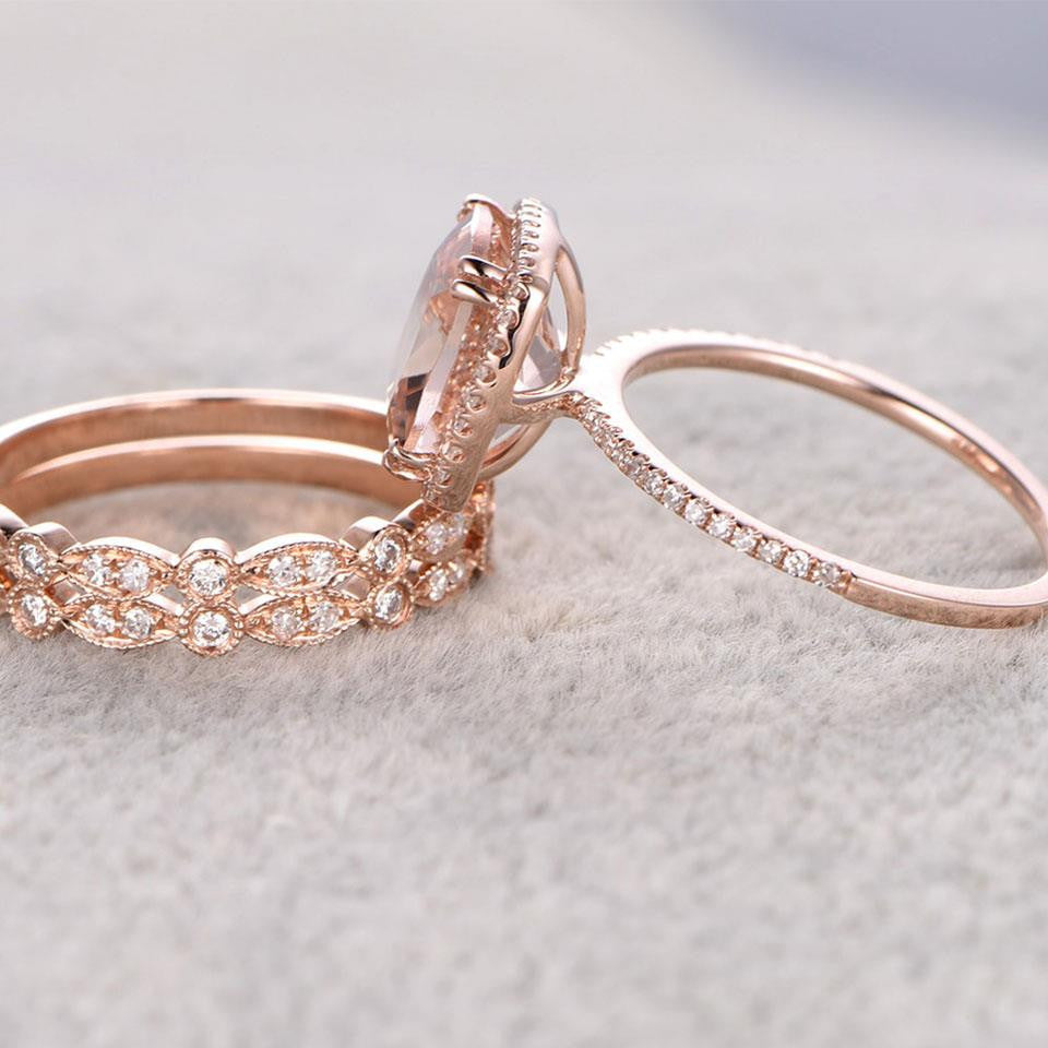 2.4 Carat Cushion Cut Peach Morganite Wedding Set Diamond Bridal Ring 14k Rose Gold Art Deco Half Eternity Band