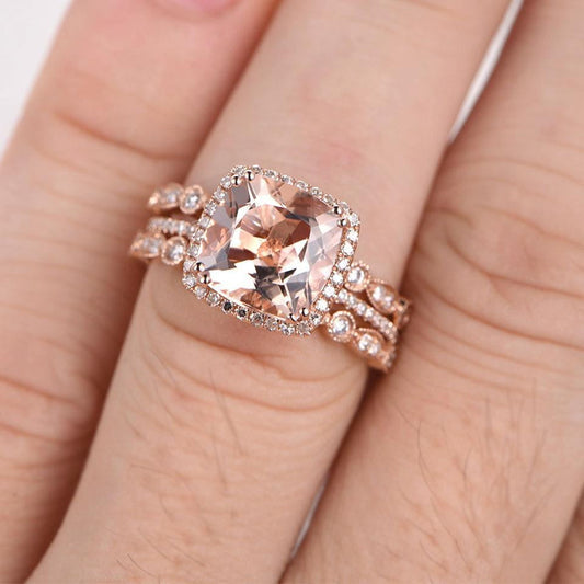 2.4 Carat Cushion Cut Peach Morganite Wedding Set Diamond Bridal Ring 14k Rose Gold Art Deco Half Eternity Band
