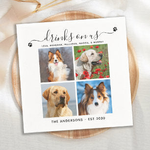 Custom Pet Dog Wedding 4 Photo Drinks On Us Bar Napkins