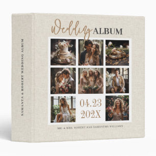Custom Photos, Beige Linen, Wedding Album 3 Ring Binder