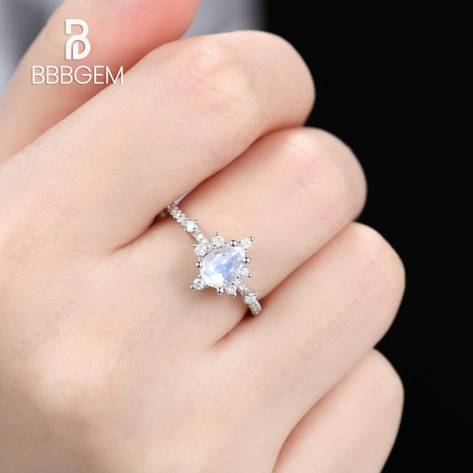 14K/18K Rose Gold Rainbow Moonstone And Diamond Engagement Ring Unique