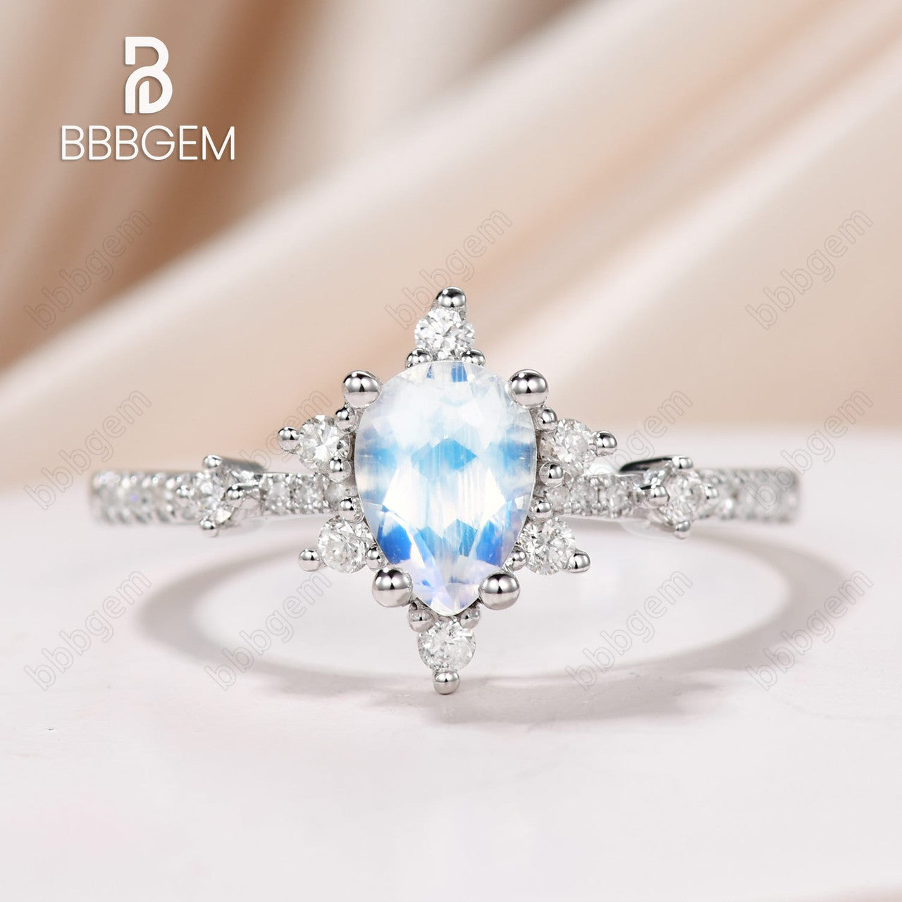 14K/18K Rose Gold Rainbow Moonstone And Diamond Engagement Ring Unique