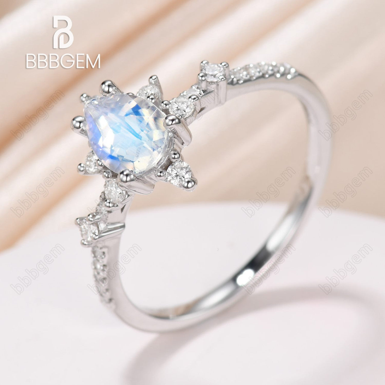 14K/18K Rose Gold Rainbow Moonstone And Diamond Engagement Ring Unique