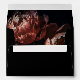 Dark Floral Peony Flowers Painting Black Wedding Envelope