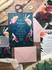 Boho Moody Floral Wedding Invitations with Dark Teal and Floral