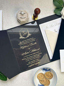 Black Velvet Acrylic Gold Crest Black Gold Pocket Wedding Invitations