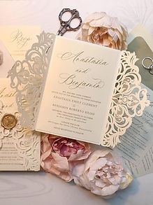 Ivory Shimmer Embossed Laser Cut Gatefold Wedding Invitations
