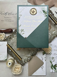 Emerald Shimmer Pocket Romantic Greenery Gold Foil Wedding Invitations 519