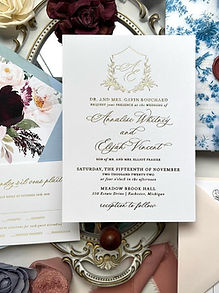 Foil Crest Wedding Invitations with Blue Chinoiserie Vellum Wrap