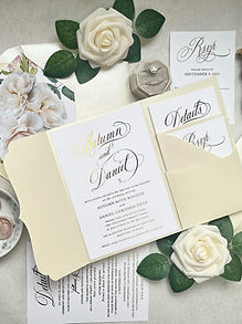 Ivory and Gold Scalloped Crest Pocket Wedding Invitations 900