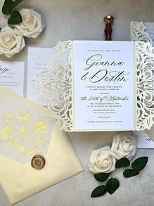 Ivory Shimmer Embossed Lasercut Gatefold Gold Foil Wedding Invitations