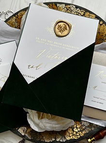 Angled Velvet Pocket Foil Botanical Wedding Invitations Emerald Green