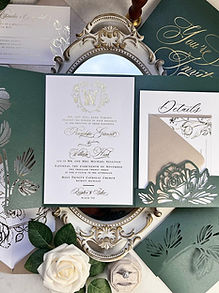Emerald Green Roses Lasercut Pocket Gold Foil Wedding Invitations