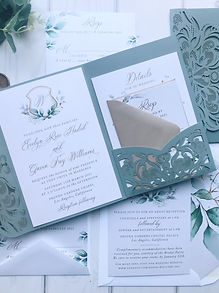 Dusty Blue Shimmer Laser Cut Pocket Invitations Greenery Crest