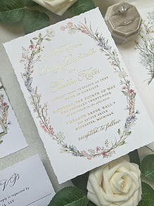 French Garden Wildflowers and Gold Foil Wedding Invitations