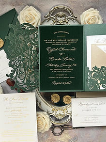 Emerald & Dark Green Velvet Gold Foil King Pocket Wedding Invitations