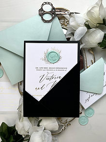 Angled Velvet Pocket Foil Botanical Wedding Invitations Black Aqua