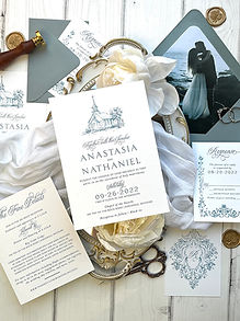 Dusty Blue Chapel Illustration and Vintage Wedding Invitations 461
