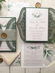 Emerald Shimmer Laser Cut Lace Gatefold Wedding Invitations Greenery Crest