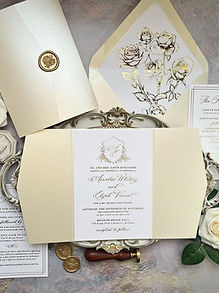 Elegant Greenery-Foliage Crest Gold Foil and Ivory Gatefold Wedding Invitations