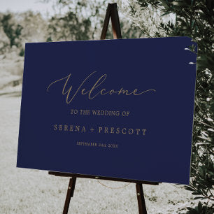 Delicate Gold Calligraphy Navy Wedding Welcome Foam Board