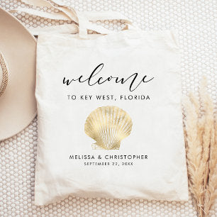 Destination Wedding Welcome Gold Scallop Seashell Tote Bag