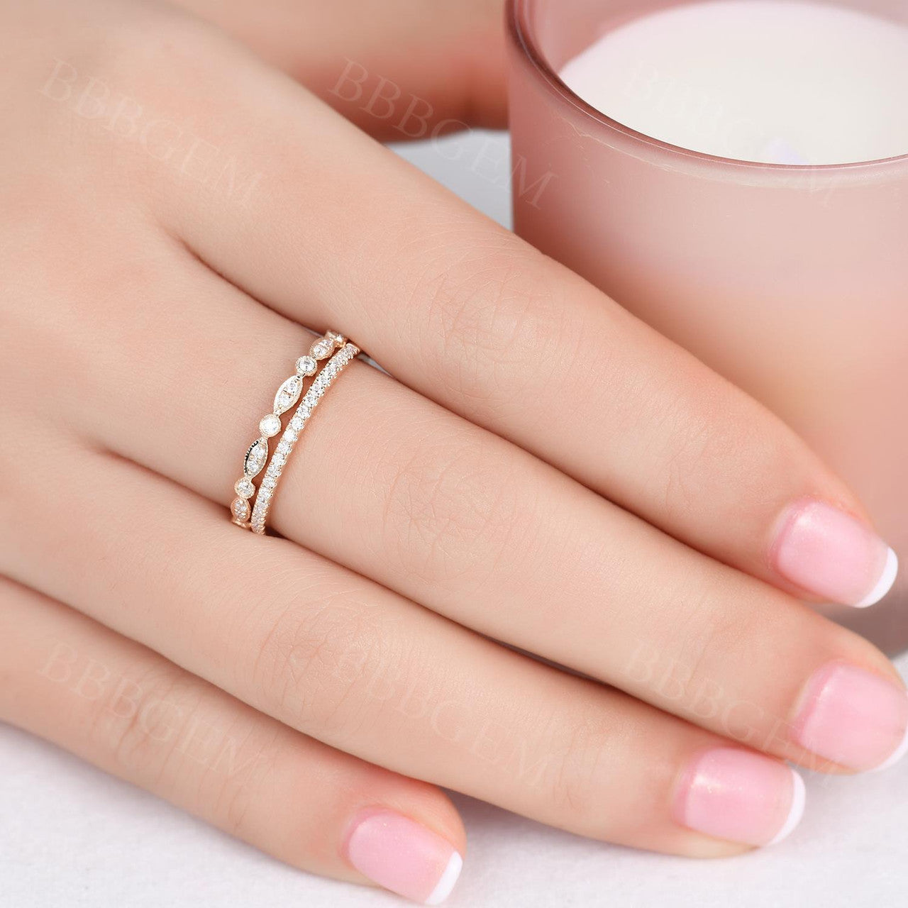 2pcs Diamond matching band in 14k rose gold/Milgrain wedding ring/Art deco marquise/Half eteniry ring/Milgrain edge anniversay ring/Pave set