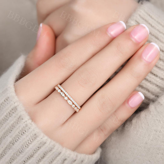 2pcs Diamond matching band in 14k rose gold/Milgrain wedding ring/Art deco marquise/Half eteniry ring/Milgrain edge anniversay ring/Pave set