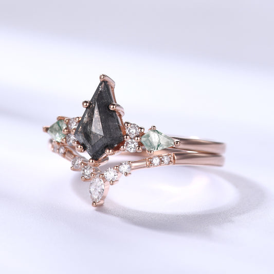 2pcs Kite Cut Salt and Pepper Diamond Cluster Moss Agate Bridal Ring Set Moissanite Band