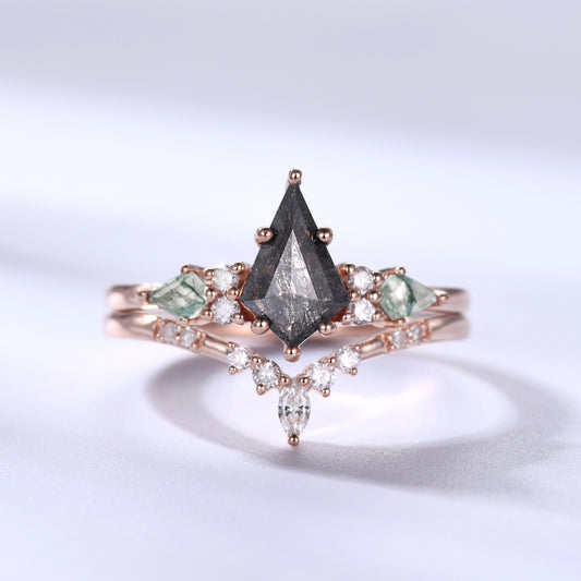 2pcs Kite Cut Salt and Pepper Diamond Cluster Moss Agate Bridal Ring Set Moissanite Band