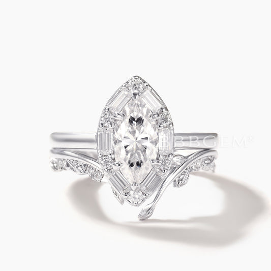 1 carat Lab Grown Marquise Diamond Bridal Ring Set with Moissanite Wedding Band