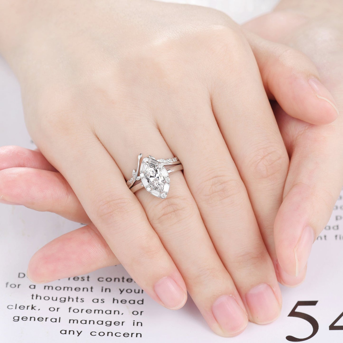 1 carat Lab Grown Marquise Diamond Bridal Ring Set with Moissanite Wedding Band