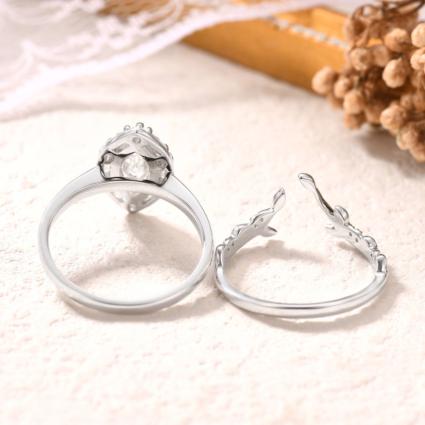 1 carat Lab Grown Marquise Diamond Bridal Ring Set with Moissanite Wedding Band