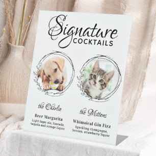 Dog Signature Drinks Custom 2 Photo Pet Wedding Pedestal Sign