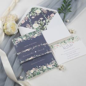 Dusty Blue And Blush Floral Wedding Invitations With Belly Band Swi025