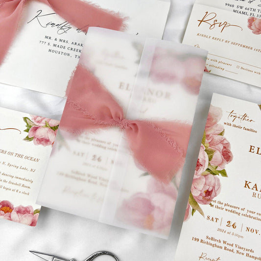 Dusty Rose Wedding Invitations, Romantic Pink Peony Invites with Hand Torn Silk Ribbon, Floral Vellum Jacket Invitation with Matched RSVP