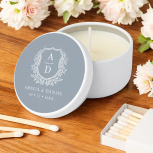 Dusty Blue Crest Modern Monogram Wedding Mini Candle Favors