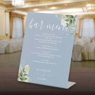 Dusty Blue Floral Greenery Wedding Bar Menu Pedestal Sign