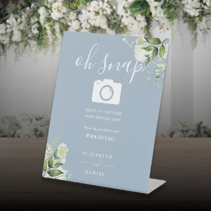Dusty Blue Greenery Floral Script Oh Snap Photo Pedestal Sign