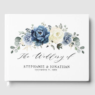 Dusty Blue Navy Champagne Ivory Floral Wedding Guest Book
