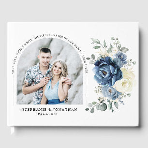 Dusty Blue Navy Champagne Ivory Wedding Photo Guest Book