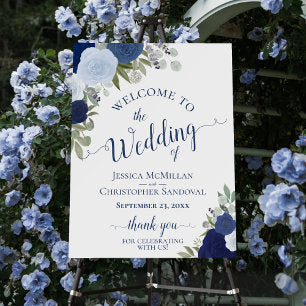 Dusty Blue & Navy Watercolor Roses Wedding Welcome Foam Board