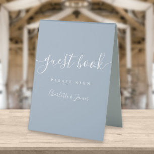 Dusty Blue Signature Script Guest Book Table Tent Sign
