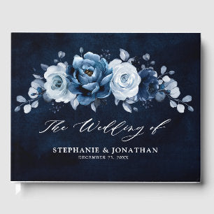 Dusty Blue Slate Navy Floral Botanical Wedding Gue Guest Book