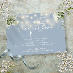 Dusty Blue String Lights Floral Wedding Reception Enclosure Card