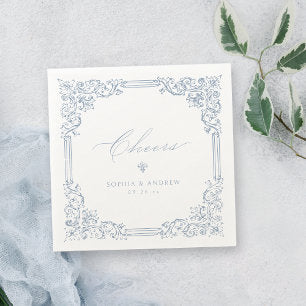 Dusty Blue Vintage Frame Elegant Cheers Wedding Napkins